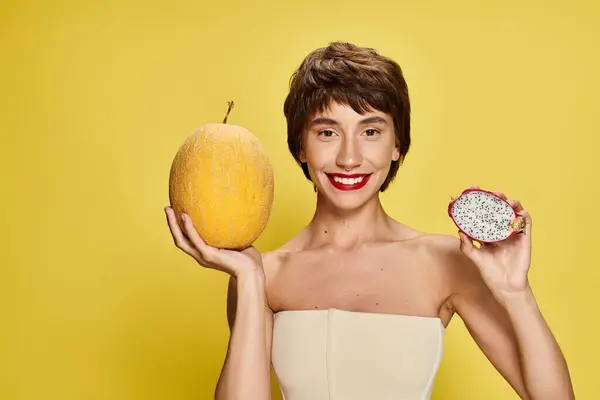 Young woman in white dress gracefully holds a piece of fruit. — Stock Photo
