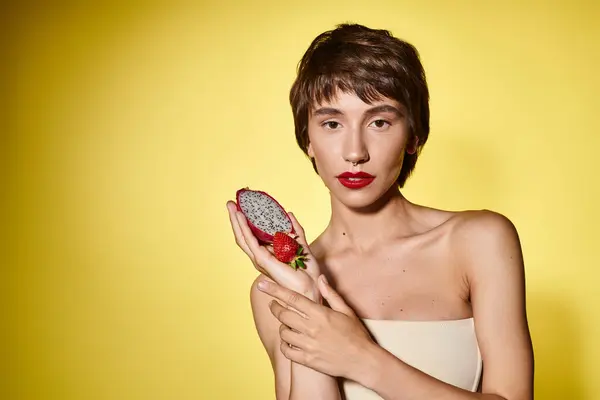 Молодая женщина изящно держит фрукт в руках на ярком фоне. — стоковое фото