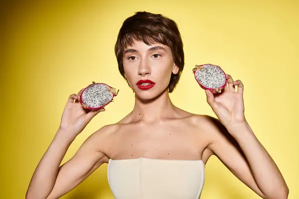 A young woman holds two dragon fruits in front of her face, playfully concealing her features. — Stock Photo