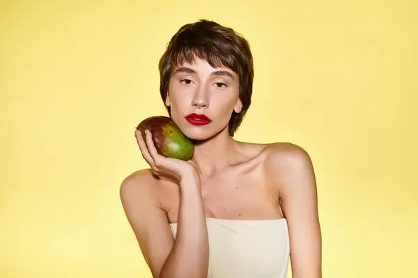 Una donna che tiene il mango davanti al viso. — Foto stock