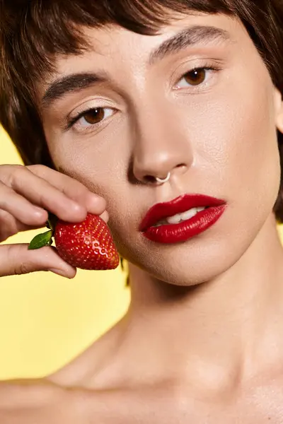 A young woman delicately holds a vibrant strawberry in her hand. — Stock Photo