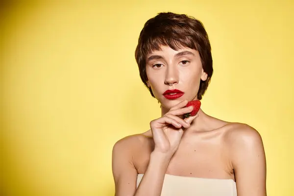 Woman with vibrant red strawberry on lips. — Stock Photo