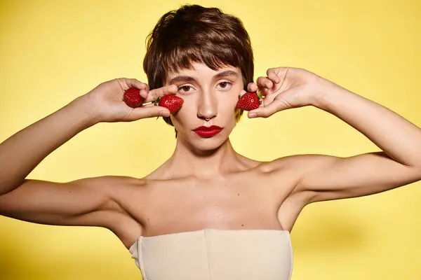 Una joven sostiene dos fresas frente a su cara. - foto de stock