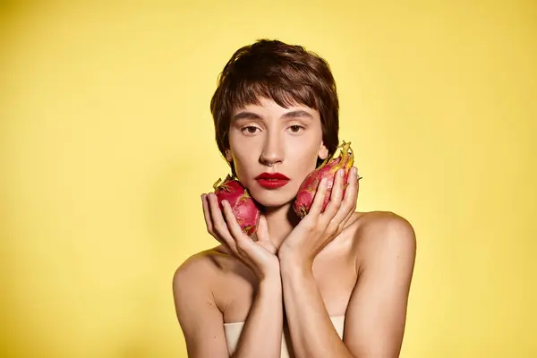 Una donna con il rossetto rosso che tiene due frutti di drago davanti al viso. — Foto stock