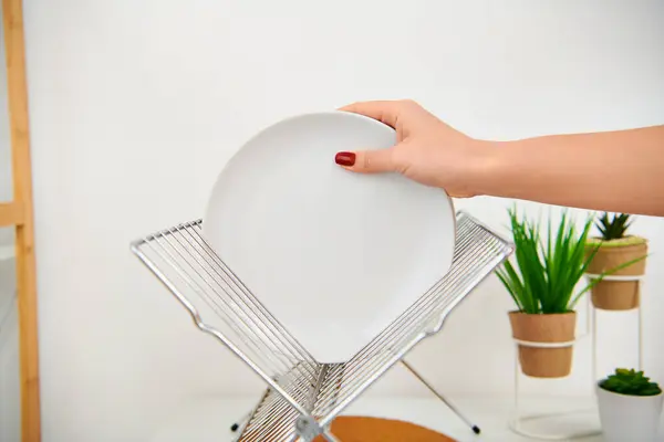 Una mujer elegante con atuendo casual delicadamente sostiene un plato blanco en un soporte decorativo en su hogar limpio y organizado. - foto de stock