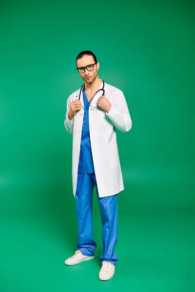 A handsome doctor in a white coat and blue pants strikes a pose on a green backdrop. — Stock Photo