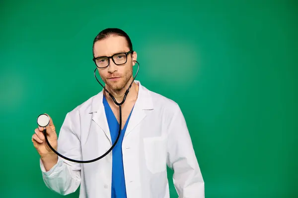 Bello medico in camice da laboratorio che tiene lo stetoscopio su sfondo verde. — Foto stock