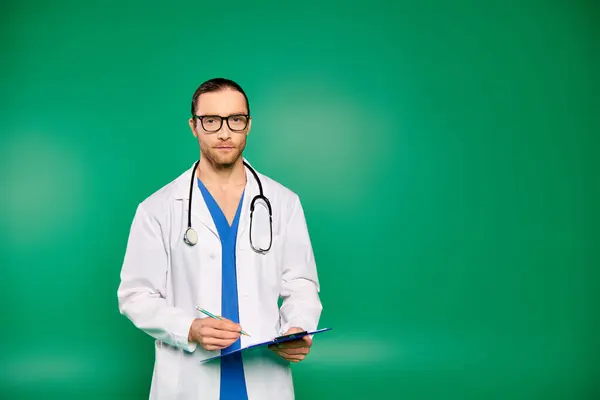 Un beau médecin masculin en manteau blanc avec presse-papiers sur fond vert. — Photo de stock