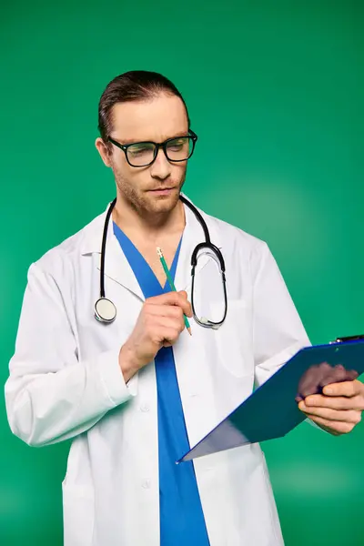 Bello dottore in mantello bianco che tiene appunti su sfondo verde. — Foto stock