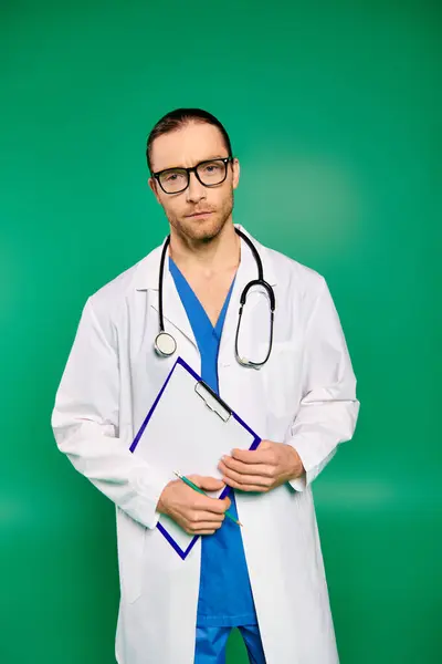 Handsome male doctor in white coat and blue scrubs on green backdrop. — Stock Photo