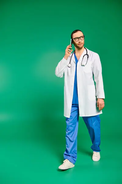 Ein hübscher Arzt in weißem Mantel und blauer Hose posiert vor grünem Hintergrund. — Stockfoto