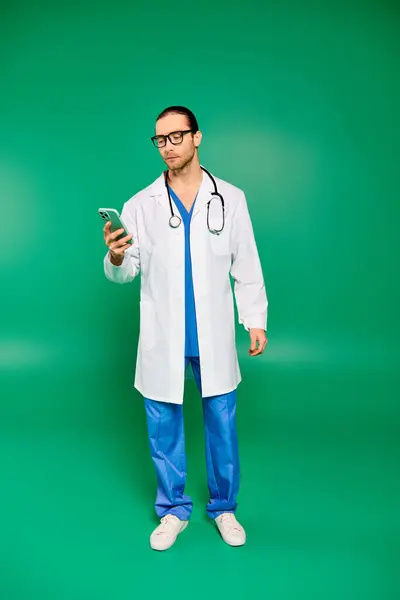 Handsome male doctor in white coat and blue pants posing elegantly on green backdrop. — Stock Photo
