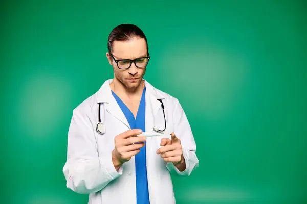 Un medico maschio in cappotto bianco e occhiali esamina attentamente il termometro. — Foto stock