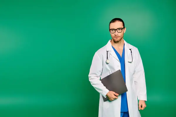 A handsome male doctor in a white coat holds a folder. — Stock Photo