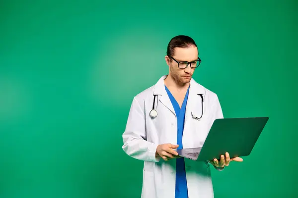 Bello medico in cappotto bianco che tiene il computer portatile su sfondo verde. — Foto stock