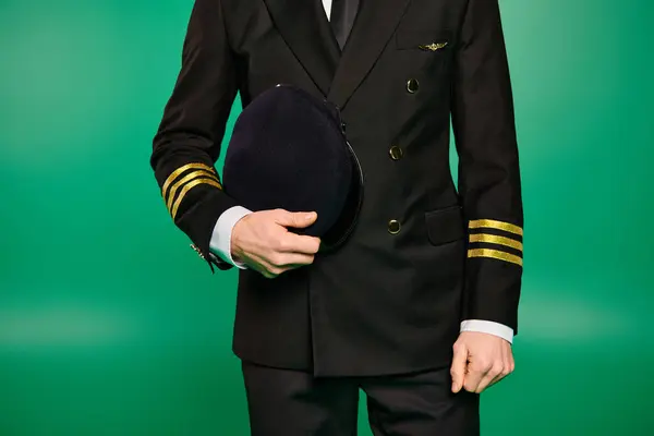 Schöner männlicher Pilot in schwarzer Uniform mit Hut vor grünem Hintergrund. — Stockfoto