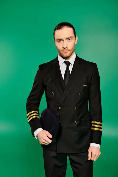 A handsome male pilot in a suit and tie posing against a vibrant green backdrop. — Stock Photo
