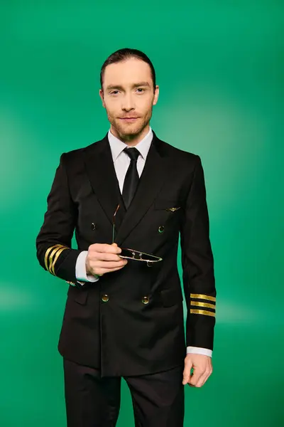 Schöner männlicher Pilot in schwarzer Uniform in selbstbewusster Pose vor grünem Hintergrund. — Stockfoto