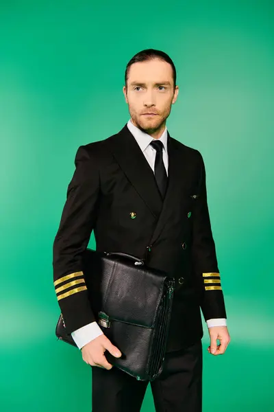 Un uomo elegante in giacca e cravatta tiene con fiducia una valigetta. — Foto stock