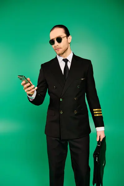 Handsome pilot in black uniform, wearing sunglasses, holds a cell phone. — Stock Photo