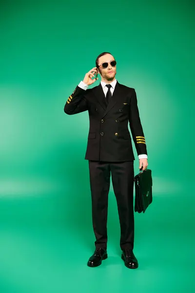 Schöner Pilot in schwarzem Anzug und Sonnenbrille beim Telefonieren. — Stockfoto