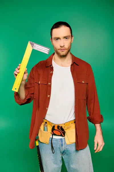 Hombre guapo trabajador en uniforme sosteniendo una cinta métrica amarilla grande sobre un fondo verde. - foto de stock