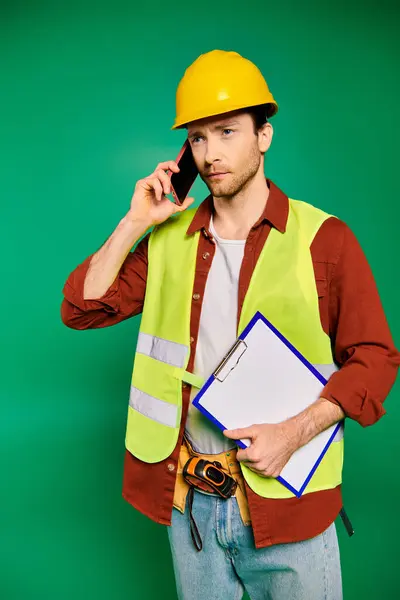 Ein gut aussehender männlicher Bauarbeiter in Uniform spricht auf einem Mobiltelefon vor grünem Hintergrund. — Stockfoto