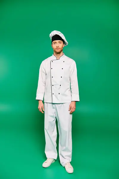 Beau chef masculin en uniforme blanc debout en toute confiance sur un fond vert vibrant. — Photo de stock