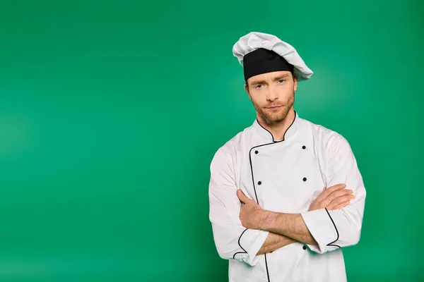 Красивый шеф-повар в белой форме стоит со скрещенными руками. — стоковое фото