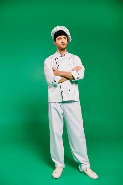 Handsome chef in white uniform with arms crossed in front of green background. — Stock Photo