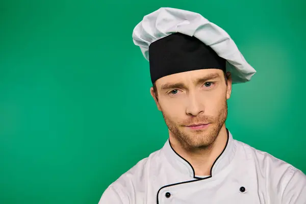 Un bel cuoco maschio in uniforme bianca in posa per una foto su uno sfondo verde. — Foto stock