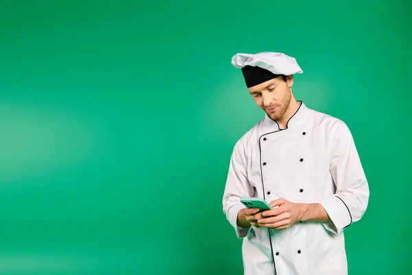 Un cuoco in uniforme bianca con un cellulare in mano. — Foto stock