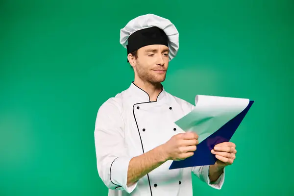 Beau chef masculin en uniforme blanc tenant un morceau de papier sur fond vert. — Photo de stock