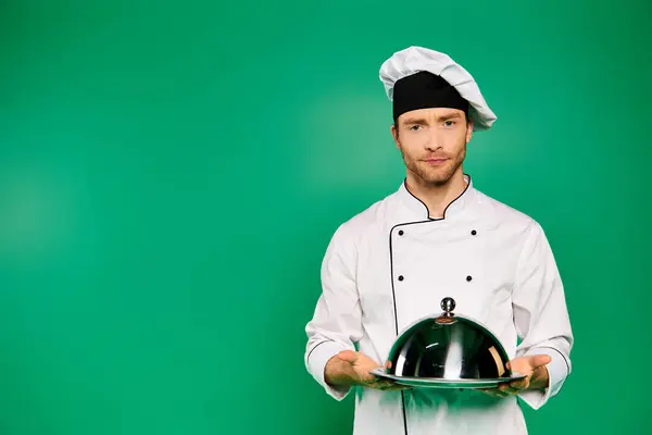 Un bel cuoco maschio in uniforme bianca tiene orgogliosamente un piatto su uno sfondo verde. — Foto stock
