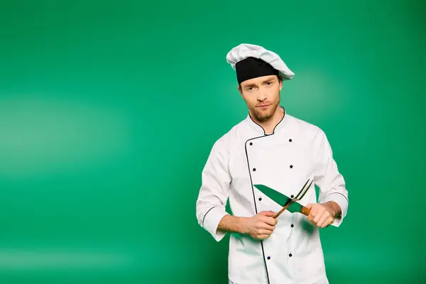 Bonito chef masculino em uniforme branco habilmente segurando talheres no fundo verde. — Fotografia de Stock