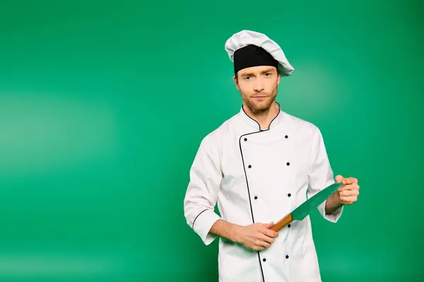 Bello chef in uniforme bianca con coltello su sfondo verde. — Foto stock