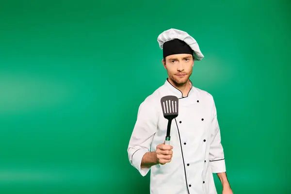 Uno chef maschio in uniforme bianca brandisce una spatola su uno sfondo verde. — Foto stock