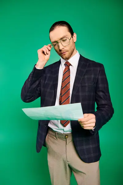 Hombre apuesto con traje y corbata sostiene poderosamente el papel. - foto de stock