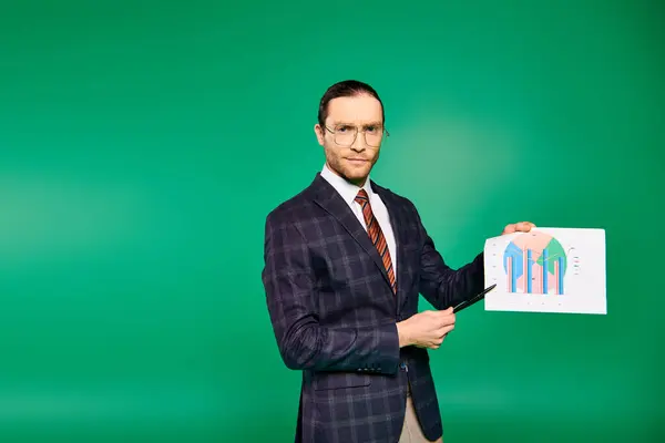 Dapper businessman in chic suit striking pose with document. — Stock Photo