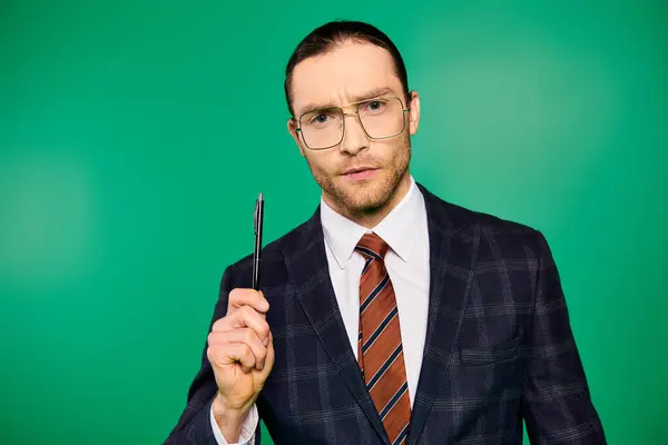 Handsome businessman in chic suit holding pen. — Stock Photo