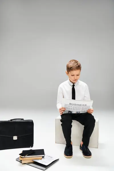 Un niño preadolescente con un atuendo elegante se sienta en una silla, absorto en la lectura de un periódico. - foto de stock