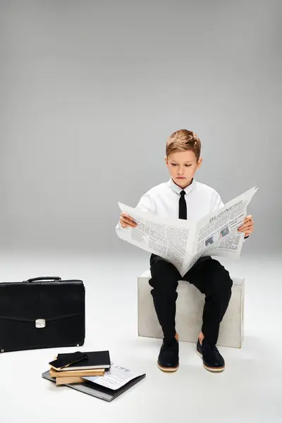 Мальчик в элегантной одежде читает газету, сидя на стуле. — стоковое фото