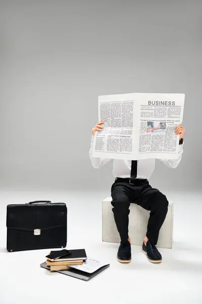 Homme en tenue élégante lecture journal tout en étant assis sur le banc. — Photo de stock