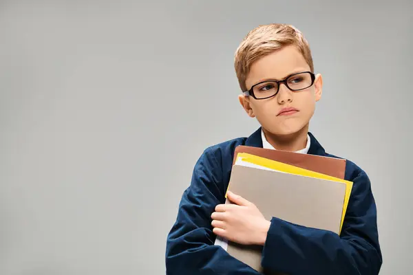 Niño en gafas sostiene una carpeta, exudando intelecto y ambición. - foto de stock