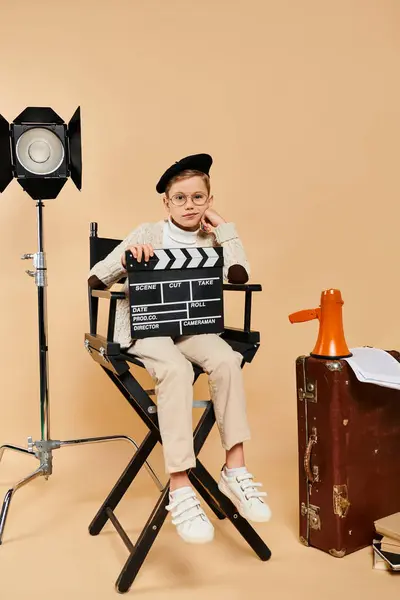 Preadolescent boy in director attire with movie clapper, seated in chair. — Stock Photo