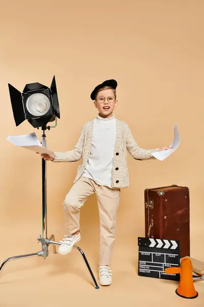 Preadolescent boy dressed as a film director on beige backdrop. — Stock Photo