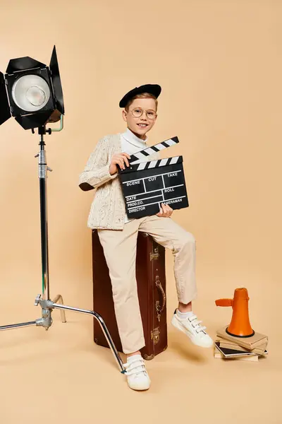 Preadolescente ragazzo in film regista vestito si siede su valigia con film applauso. — Foto stock