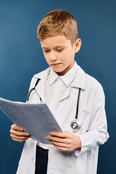 Ragazzo preadolescente in cappotto bianco e stetoscopio. — Foto stock