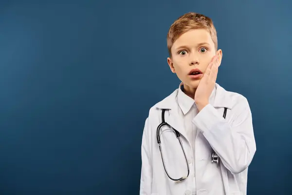 Giovane ragazzo in camicia bianca e stetoscopio, fingendo di essere un medico su sfondo blu. — Foto stock
