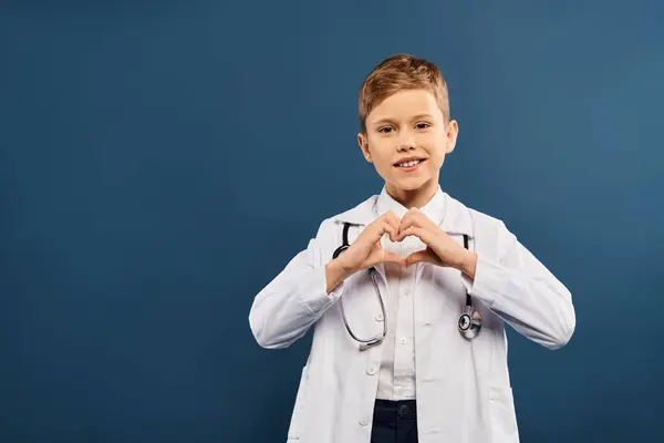 Niño en bata de laboratorio blanca formando forma de corazón con las manos. - foto de stock